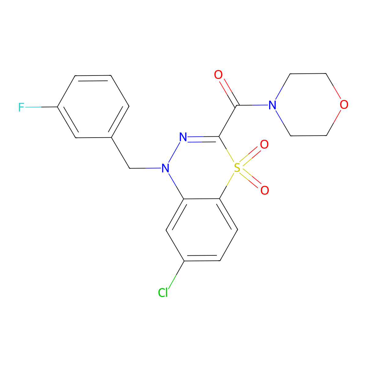 7-chloro-1-[(3-fluorophenyl)methyl]-3-(morpholine-4-carbonyl)-1H-4lambda6,1,2-benzothiadiazine-4,4-dione molecular structure, CAS 1251551-39-9