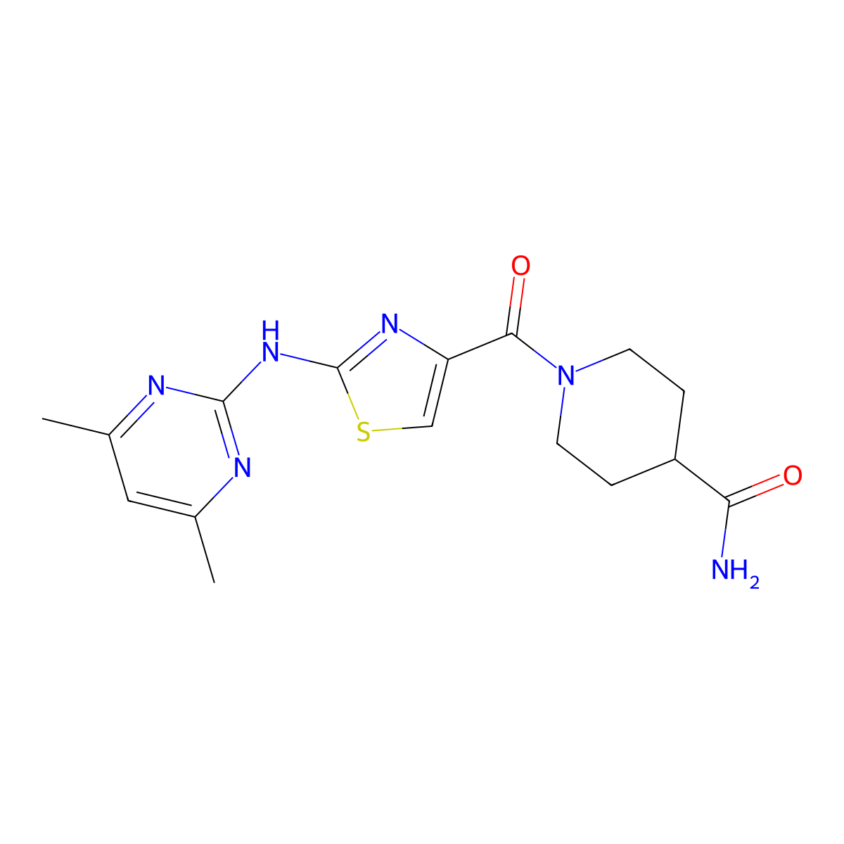 1-(2-((4,6-Dimethylpyrimidin-2-yl)amino)thiazole-4-carbonyl)piperidine-4-carboxamide molecular structure, CAS 1251551-52-6