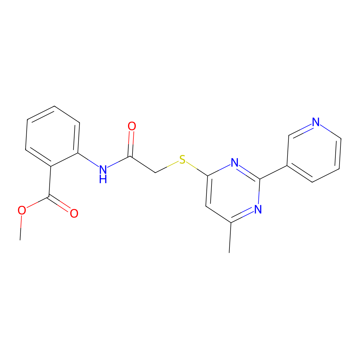 Methyl 2-(2-((6-methyl-2-(pyridin-3-yl)pyrimidin-4-yl)thio)acetamido)benzoate molecular structure, CAS 1251551-54-8