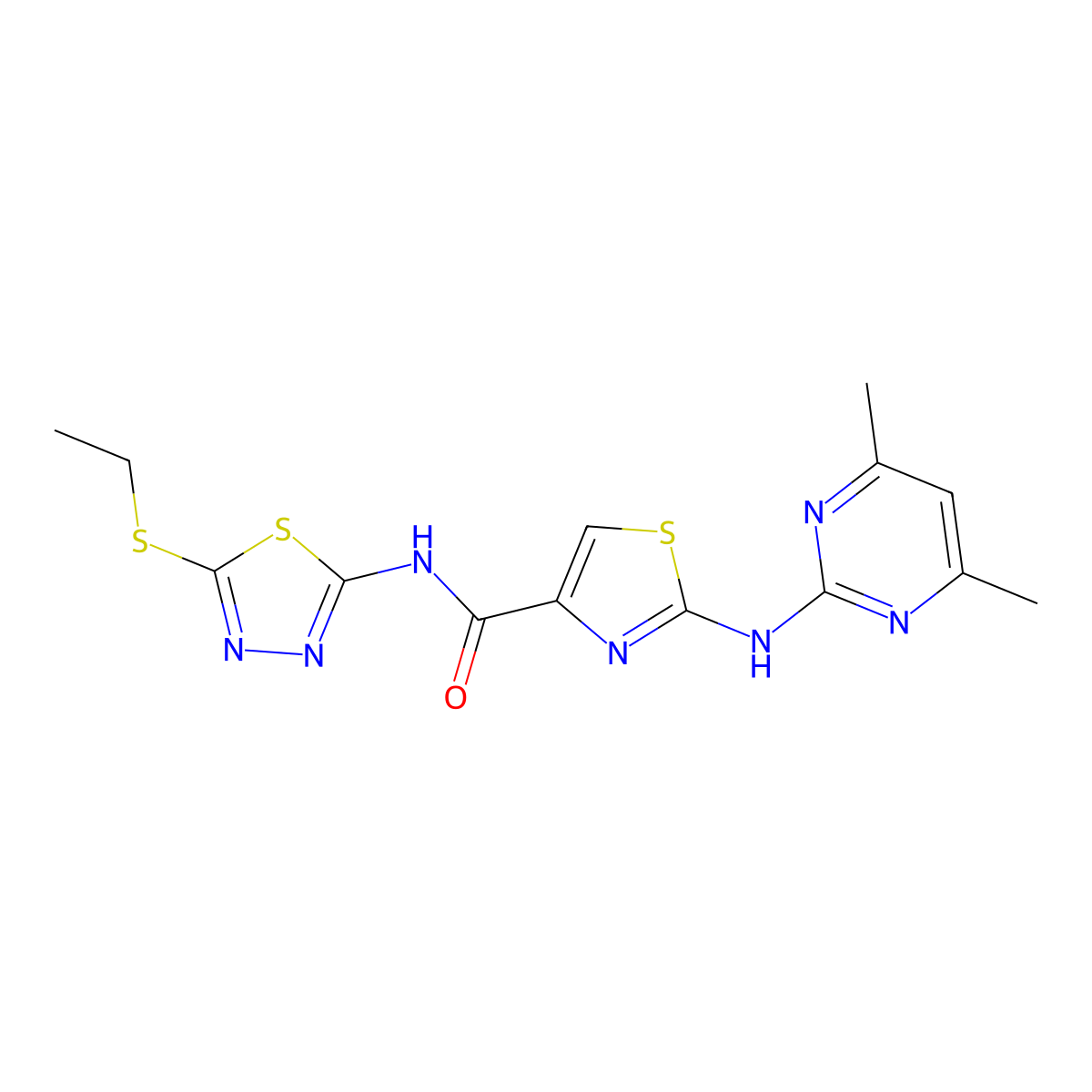2-((4,6-dimethylpyrimidin-2-yl)amino)-N-(5-(ethylthio)-1,3,4-thiadiazol-2-yl)thiazole-4-carboxamide molecular structure, CAS 1251551-63-9