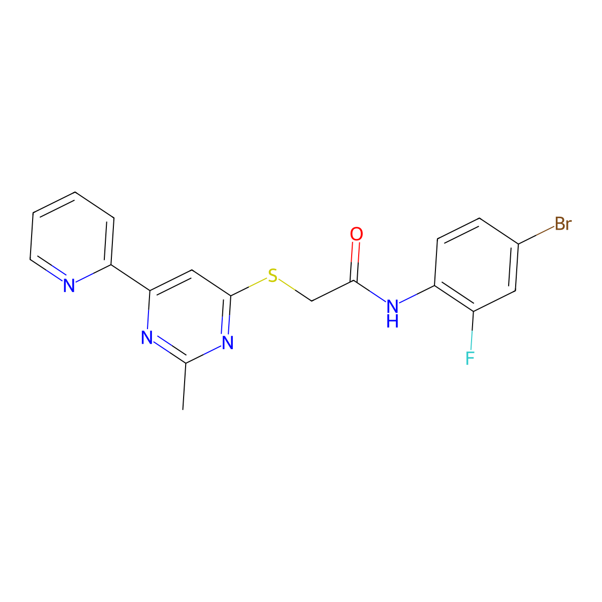 N-(4-bromo-2-fluorophenyl)-2-((2-methyl-6-(pyridin-2-yl)pyrimidin-4-yl)thio)acetamide molecular structure, CAS 1251551-80-0