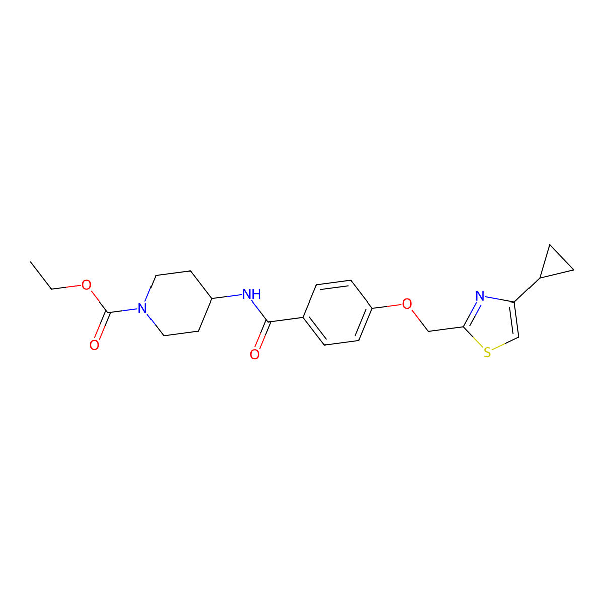 Ethyl 4-(4-((4-cyclopropylthiazol-2-yl)methoxy)benzamido)piperidine-1-carboxylate molecular structure, CAS 1251551-87-7