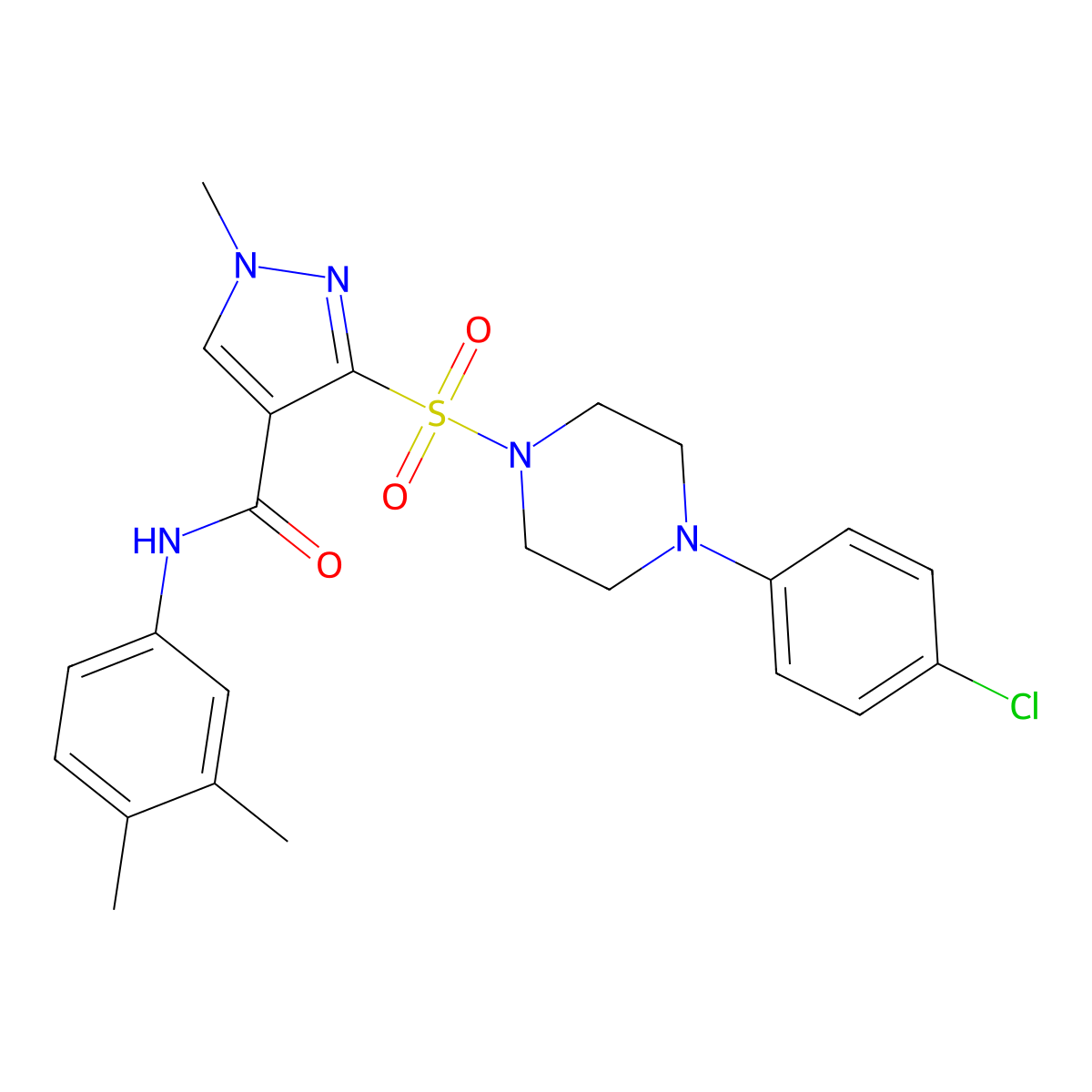 3-{[4-(4-chlorophenyl)piperazin-1-yl]sulfonyl}-N-(3,4-dimethylphenyl)-1-methyl-1H-pyrazole-4-carboxamide molecular structure, CAS 1251552-14-3