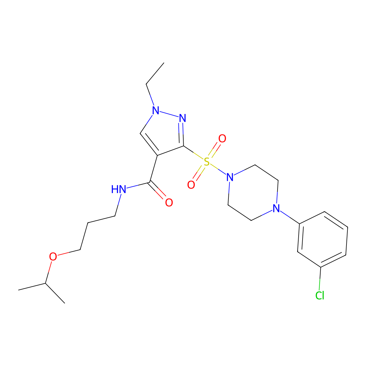 3-{[4-(3-chlorophenyl)piperazin-1-yl]sulfonyl}-1-ethyl-N-[3-(propan-2-yloxy)propyl]-1H-pyrazole-4-carboxamide molecular structure, CAS 1251552-32-5