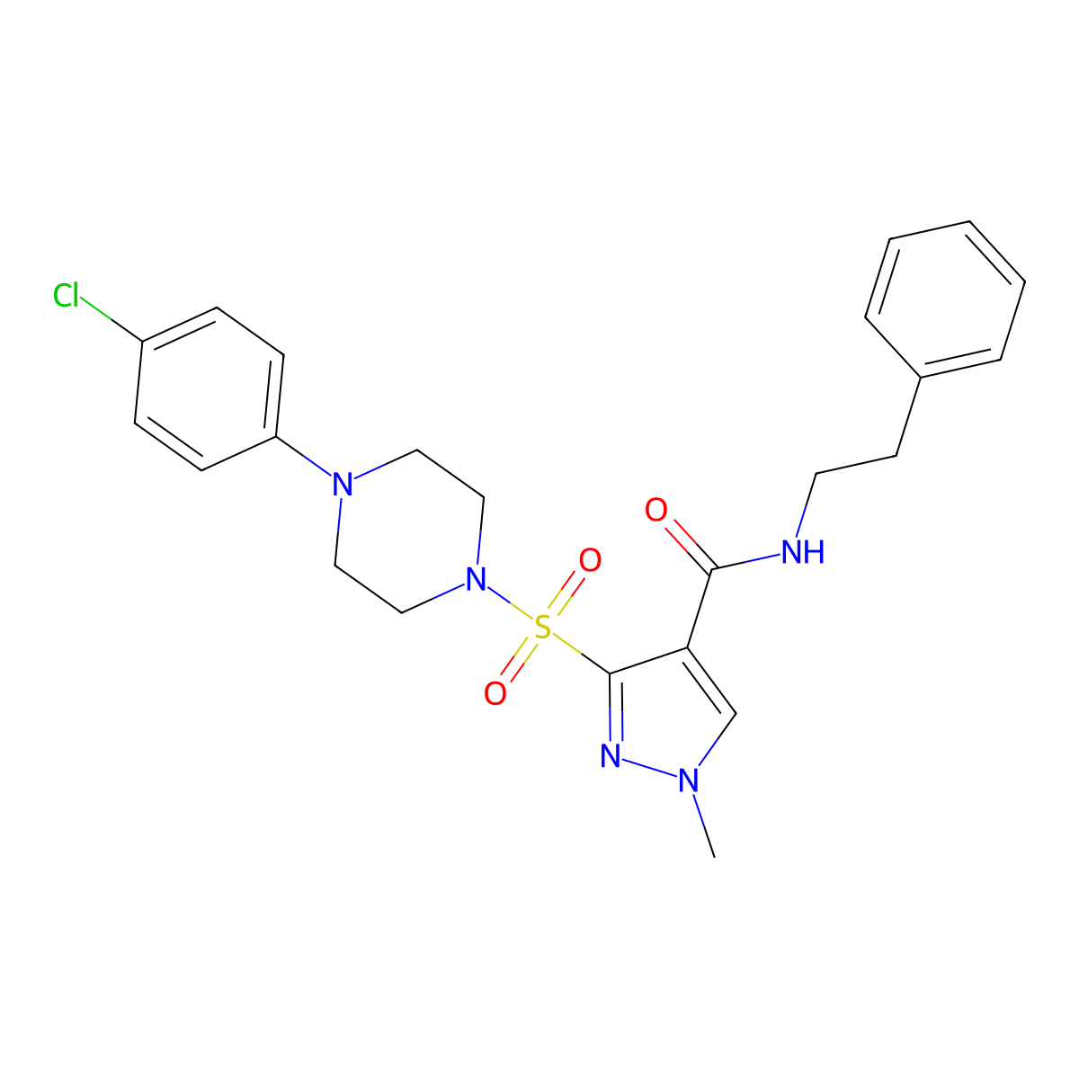 3-{[4-(4-chlorophenyl)piperazin-1-yl]sulfonyl}-1-methyl-N-(2-phenylethyl)-1H-pyrazole-4-carboxamide molecular structure, CAS 1251552-38-1