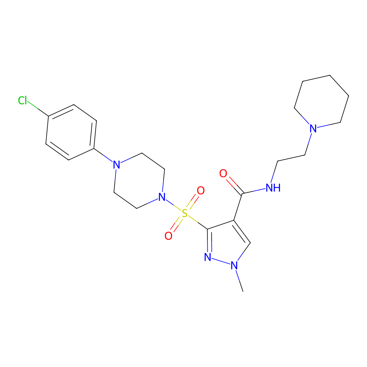 3-{[4-(4-chlorophenyl)piperazin-1-yl]sulfonyl}-1-methyl-N-[2-(piperidin-1-yl)ethyl]-1H-pyrazole-4-carboxamide molecular structure, CAS 1251552-43-8