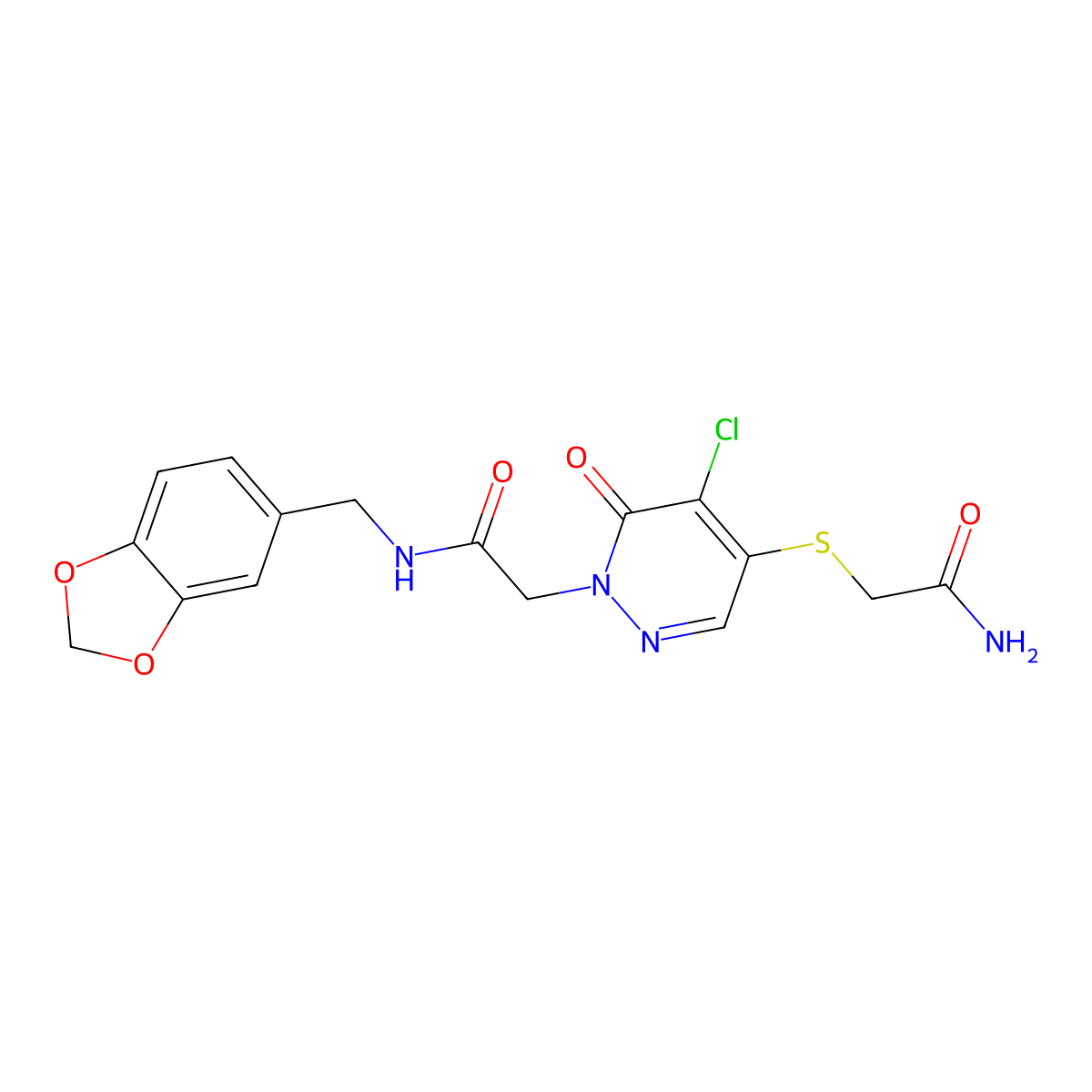 2-(4-((2-amino-2-oxoethyl)thio)-5-chloro-6-oxopyridazin-1(6H)-yl)-N-(benzo[d][1,3]dioxol-5-ylmethyl)acetamide molecular structure, CAS 1251553-00-0