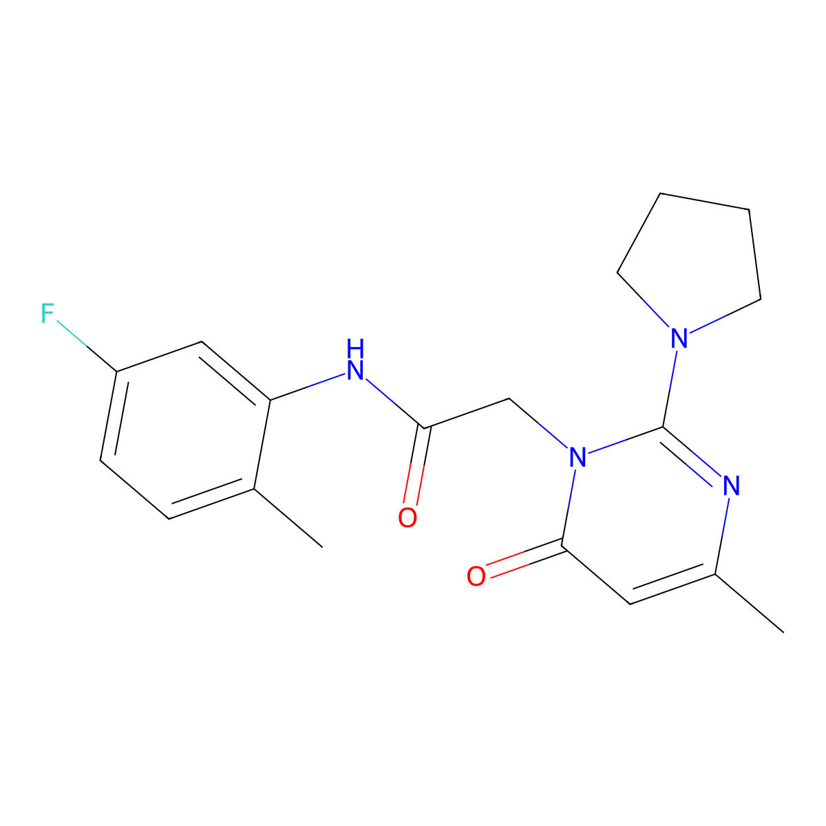 N-(5-fluoro-2-methylphenyl)-2-[4-methyl-6-oxo-2-(pyrrolidin-1-yl)-1,6-dihydropyrimidin-1-yl]acetamide molecular structure, CAS 1251553-47-5