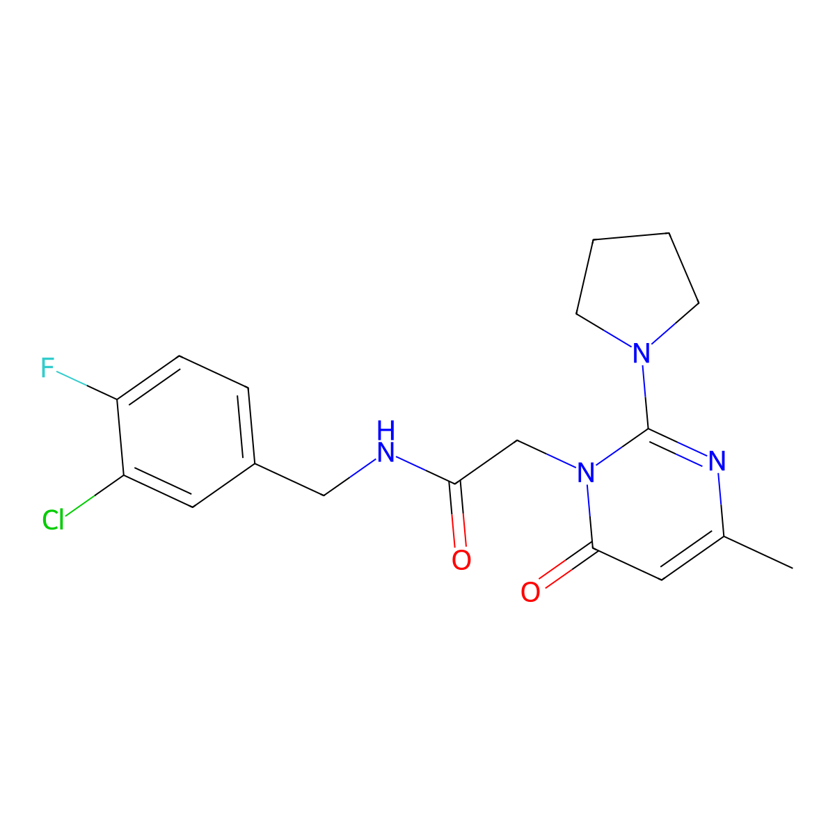 N-[(3-chloro-4-fluorophenyl)methyl]-2-[4-methyl-6-oxo-2-(pyrrolidin-1-yl)-1,6-dihydropyrimidin-1-yl]acetamide molecular structure, CAS 1251553-49-7