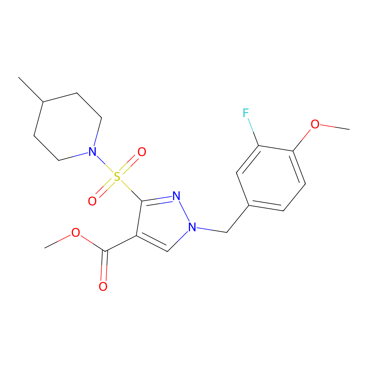 methyl 1-(3-fluoro-4-methoxybenzyl)-3-((4-methylpiperidin-1-yl)sulfonyl)-1H-pyrazole-4-carboxylate molecular structure, CAS 1251556-06-5