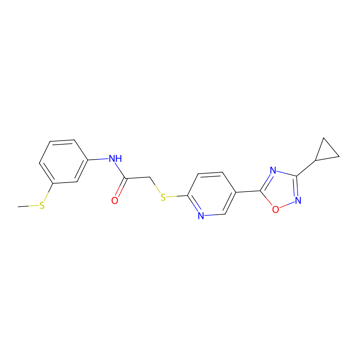 2-((5-(3-cyclopropyl-1,2,4-oxadiazol-5-yl)pyridin-2-yl)thio)-N-(3-(methylthio)phenyl)acetamide molecular structure, CAS 1251556-10-1
