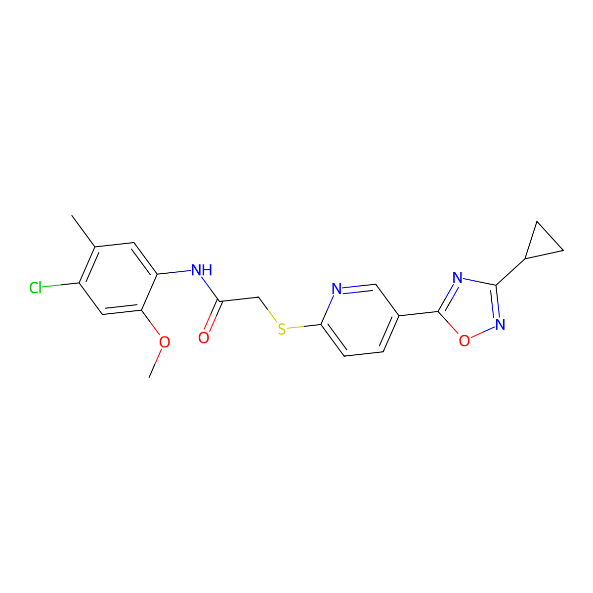 N-(4-chloro-2-methoxy-5-methylphenyl)-2-((5-(3-cyclopropyl-1,2,4-oxadiazol-5-yl)pyridin-2-yl)thio)acetamide molecular structure, CAS 1251556-12-3