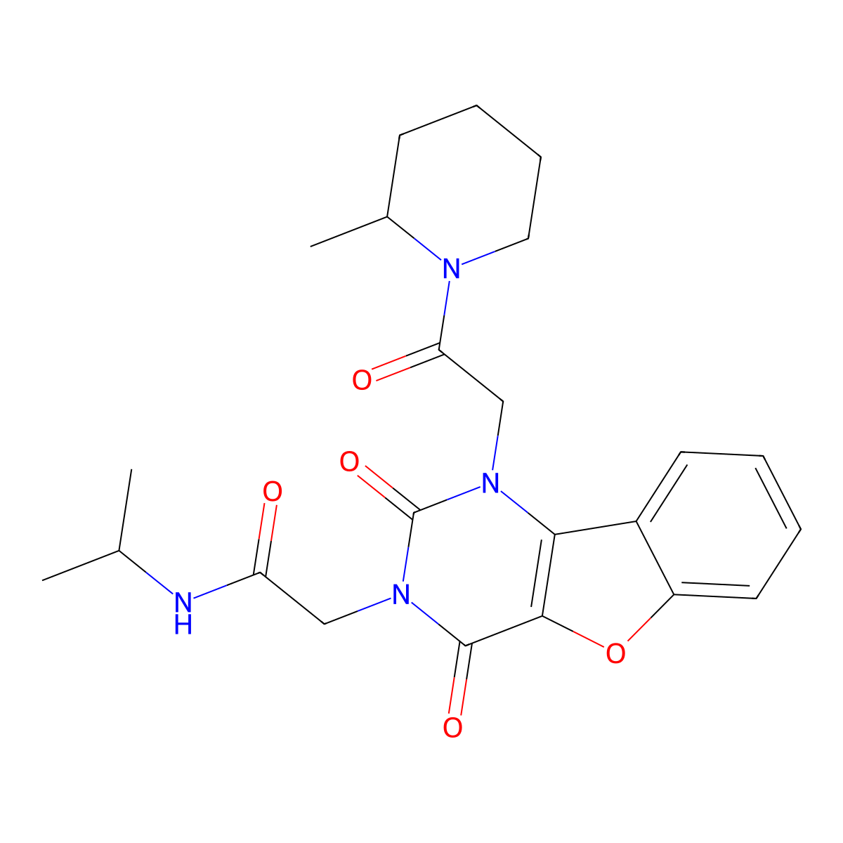 N~1~-isopropyl-2-[1-[2-(2-methylpiperidino)-2-oxoethyl]-2,4-dioxo-1,4-dihydro[1]benzofuro[3,2-d]pyrimidin-3(2H)-yl]acetamide molecular structure, CAS 1251556-13-4