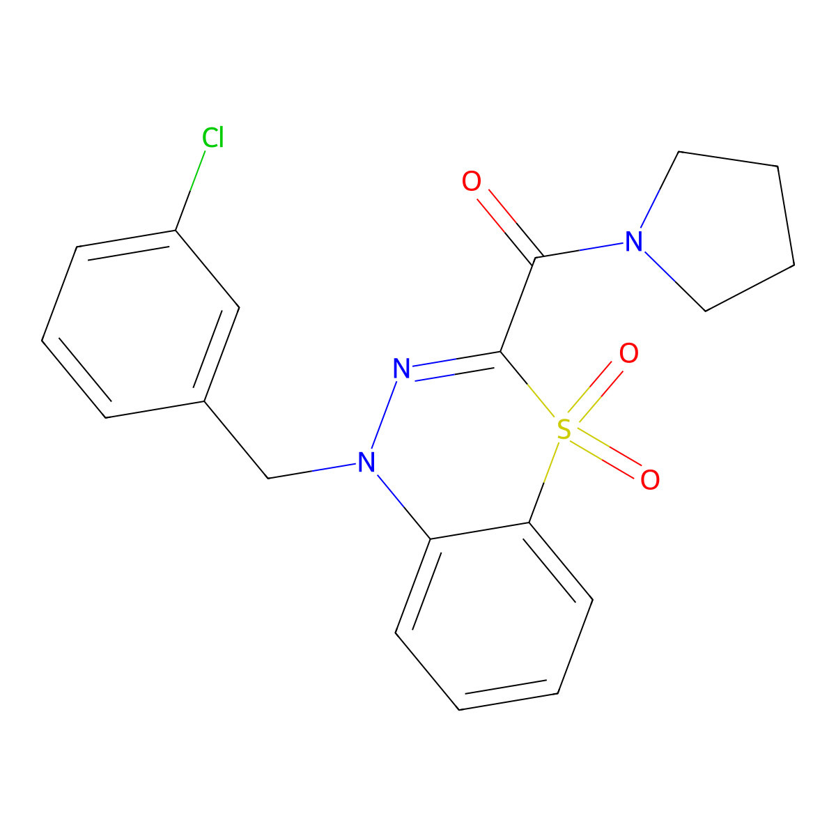 1-[(3-chlorophenyl)methyl]-3-(pyrrolidine-1-carbonyl)-1H-4lambda6,1,2-benzothiadiazine-4,4-dione molecular structure, CAS 1251556-17-8