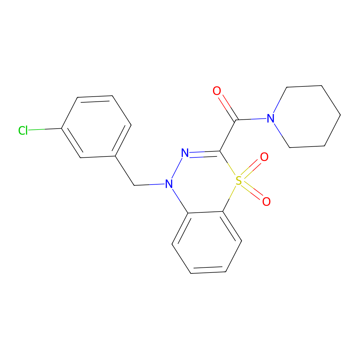 1-[(3-chlorophenyl)methyl]-3-(piperidine-1-carbonyl)-1H-4lambda6,1,2-benzothiadiazine-4,4-dione molecular structure, CAS 1251556-21-4