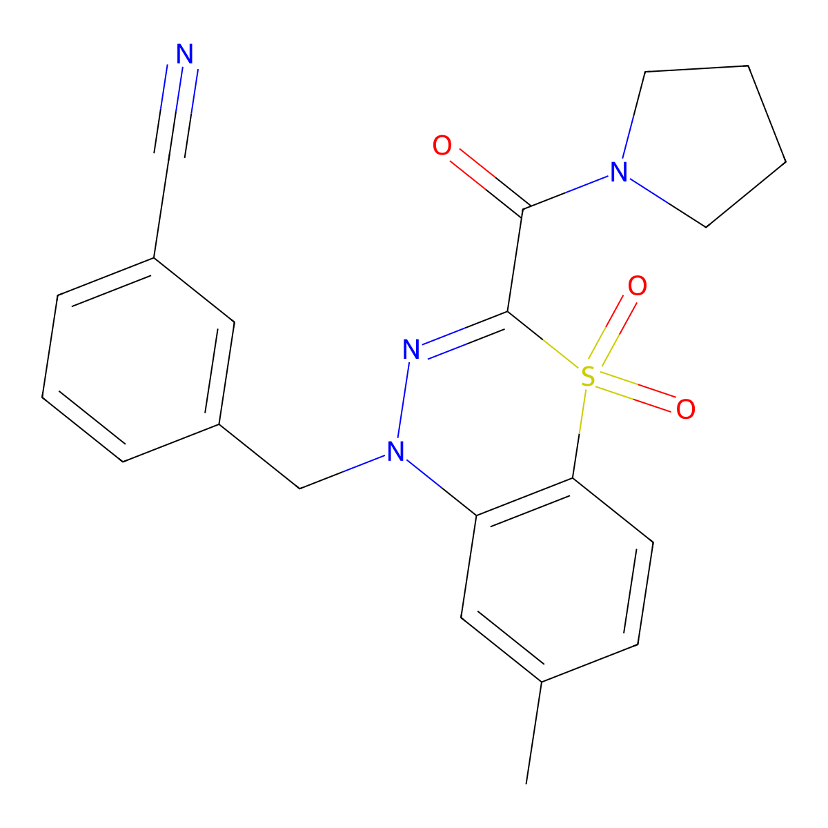 3-{[7-methyl-4,4-dioxo-3-(1-pyrrolidinylcarbonyl)-4lambda~6~,1,2-benzothiadiazin-1(4H)-yl]methyl}benzonitrile molecular structure, CAS 1251556-29-2