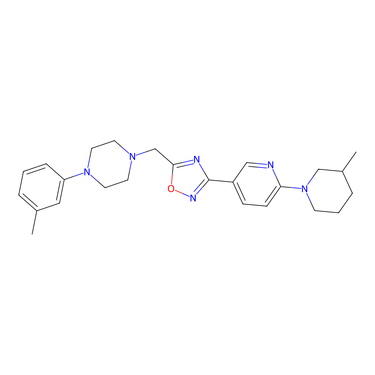 1-(3-Methylphenyl)-4-({3-[6-(3-methylpiperidin-1-yl)pyridin-3-yl]-1,2,4-oxadiazol-5-yl}methyl)piperazine molecular structure, CAS 1251556-44-1