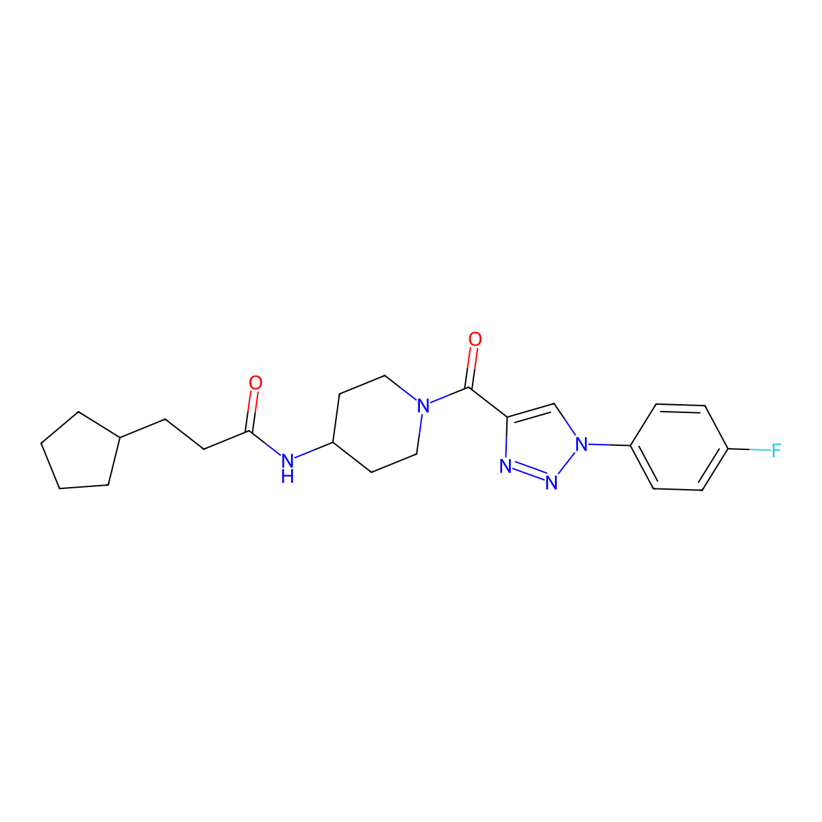 3-cyclopentyl-N-(1-(1-(4-fluorophenyl)-1H-1,2,3-triazole-4-carbonyl)piperidin-4-yl)propanamide molecular structure, CAS 1251556-51-0