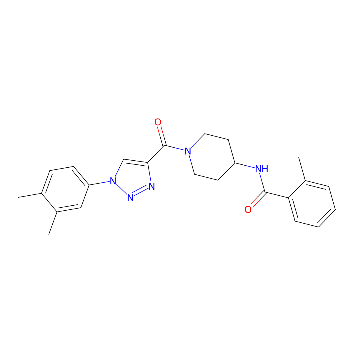 N-(1-(1-(3,4-dimethylphenyl)-1H-1,2,3-triazole-4-carbonyl)piperidin-4-yl)-2-methylbenzamide molecular structure, CAS 1251556-66-7
