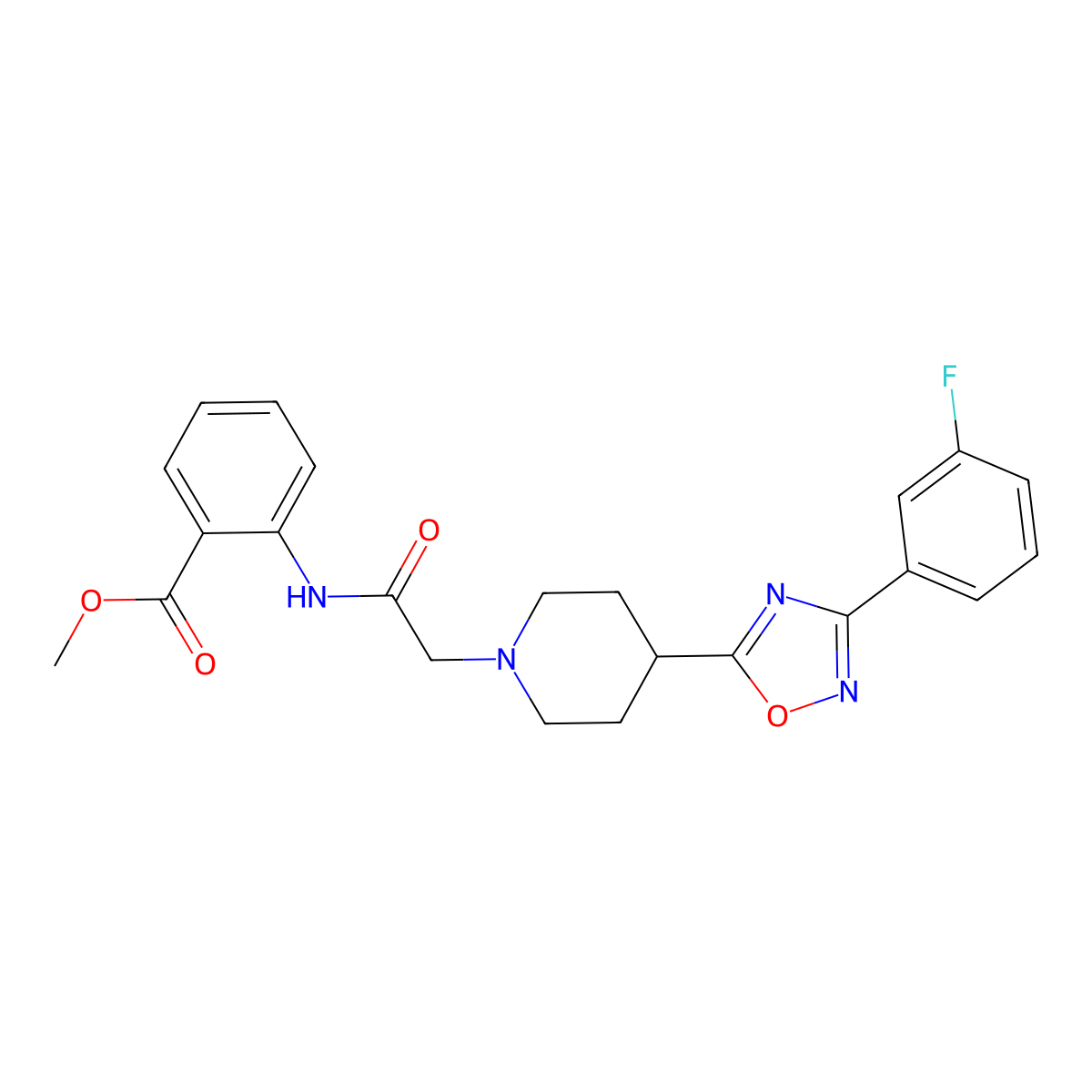 Methyl 2-(2-(4-(3-(3-fluorophenyl)-1,2,4-oxadiazol-5-yl)piperidin-1-yl)acetamido)benzoate molecular structure, CAS 1251556-75-8