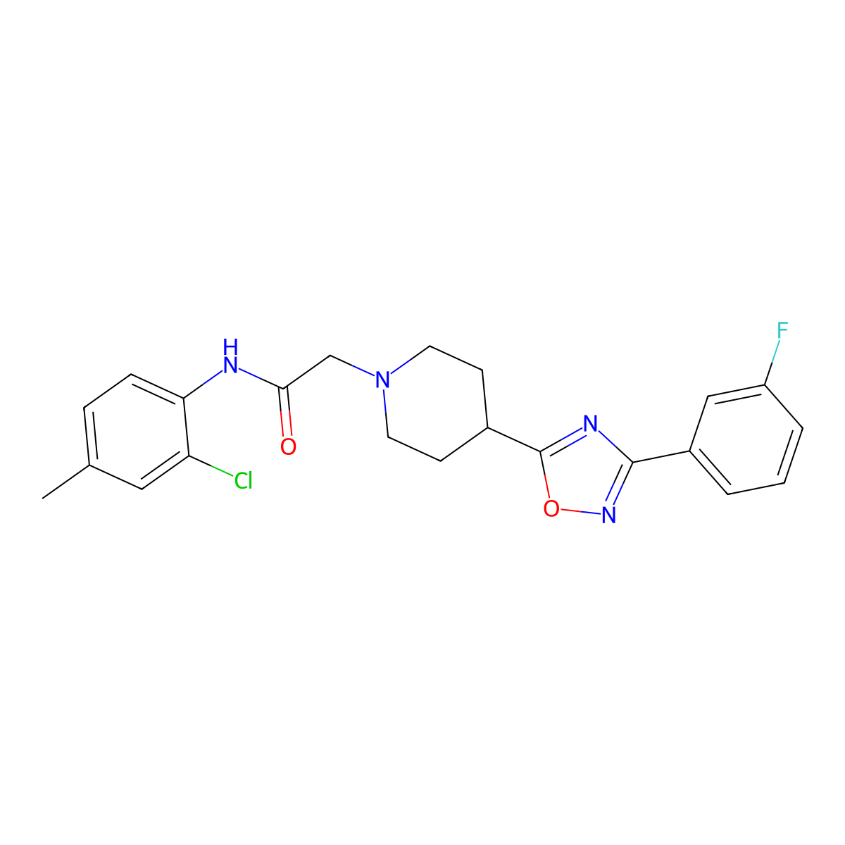 N-(2-chloro-4-methylphenyl)-2-(4-(3-(3-fluorophenyl)-1,2,4-oxadiazol-5-yl)piperidin-1-yl)acetamide molecular structure, CAS 1251556-79-2
