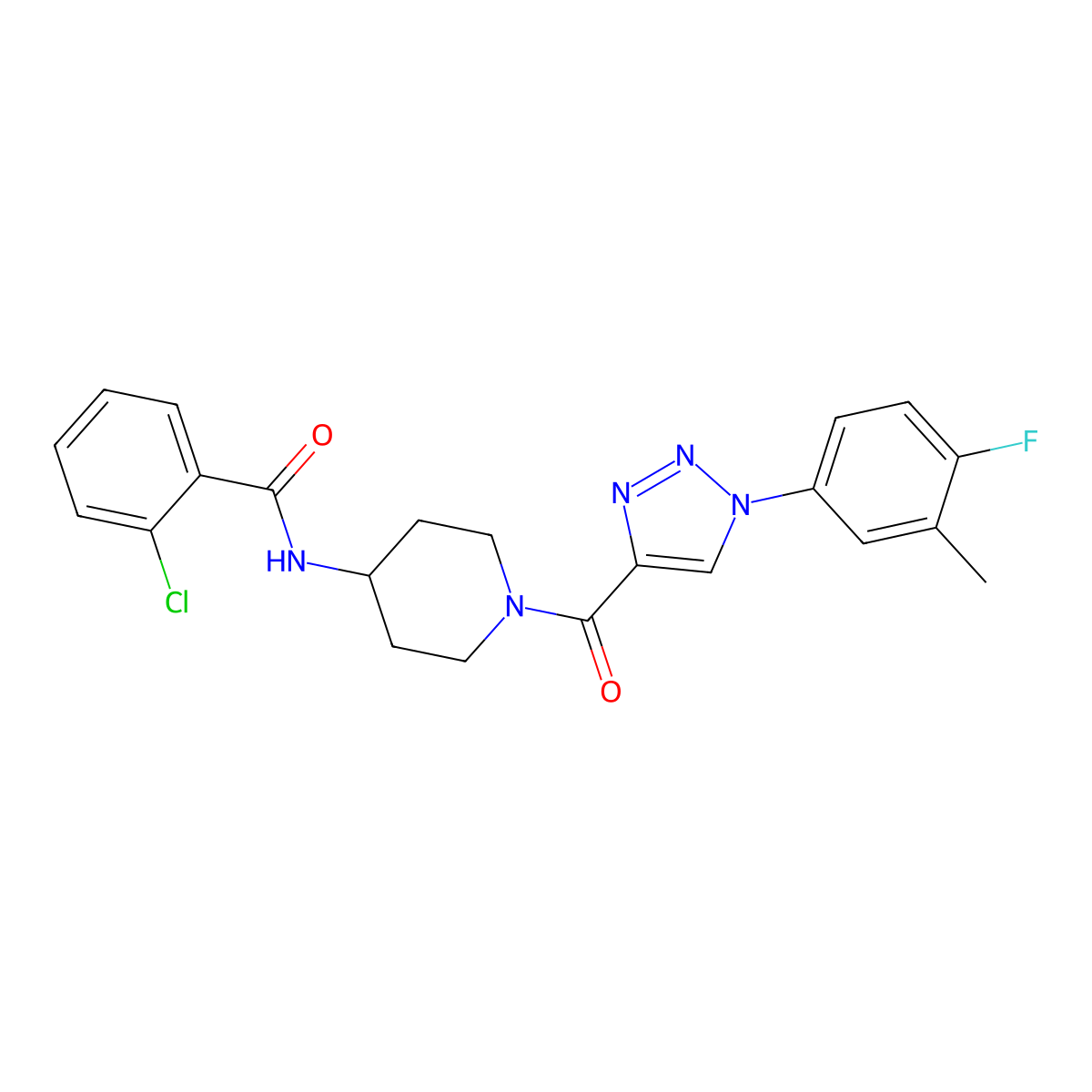 2-chloro-N-(1-(1-(4-fluoro-3-methylphenyl)-1H-1,2,3-triazole-4-carbonyl)piperidin-4-yl)benzamide molecular structure, CAS 1251556-99-6