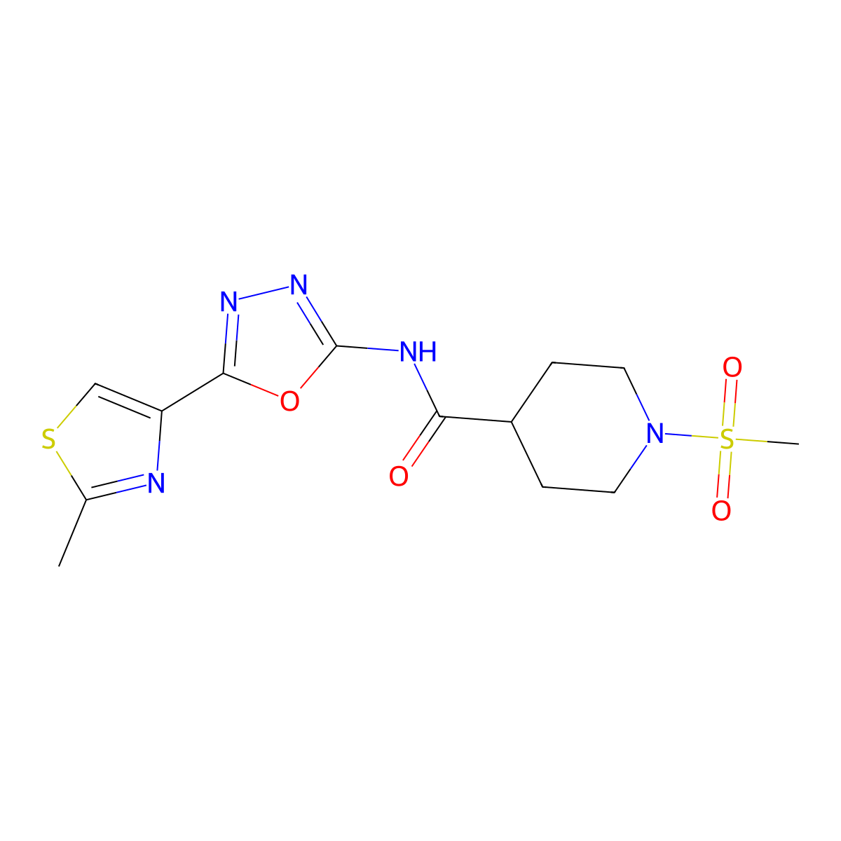 1-(methylsulfonyl)-N-(5-(2-methylthiazol-4-yl)-1,3,4-oxadiazol-2-yl)piperidine-4-carboxamide molecular structure, CAS 1251557-14-8