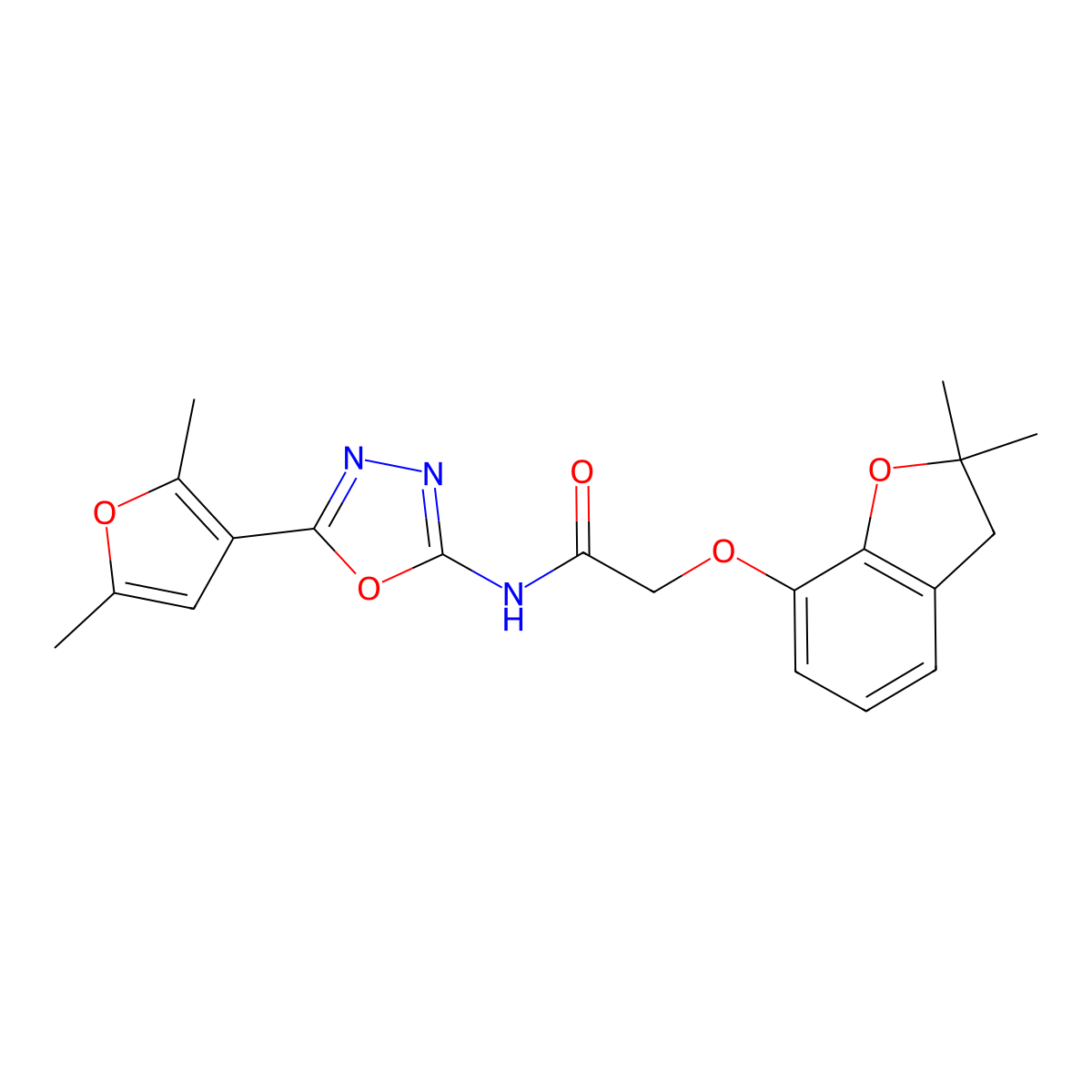 2-((2,2-dimethyl-2,3-dihydrobenzofuran-7-yl)oxy)-N-(5-(2,5-dimethylfuran-3-yl)-1,3,4-oxadiazol-2-yl)acetamide molecular structure, CAS 1251557-23-9