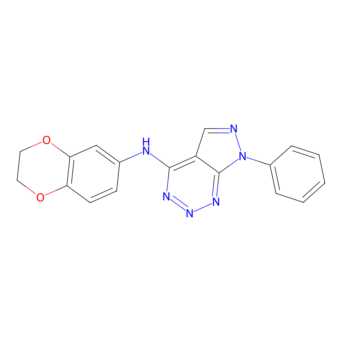N-(2,3-dihydrobenzo[b][1,4]dioxin-6-yl)-7-phenyl-7H-pyrazolo[3,4-d][1,2,3]triazin-4-amine molecular structure, CAS 1251557-31-9