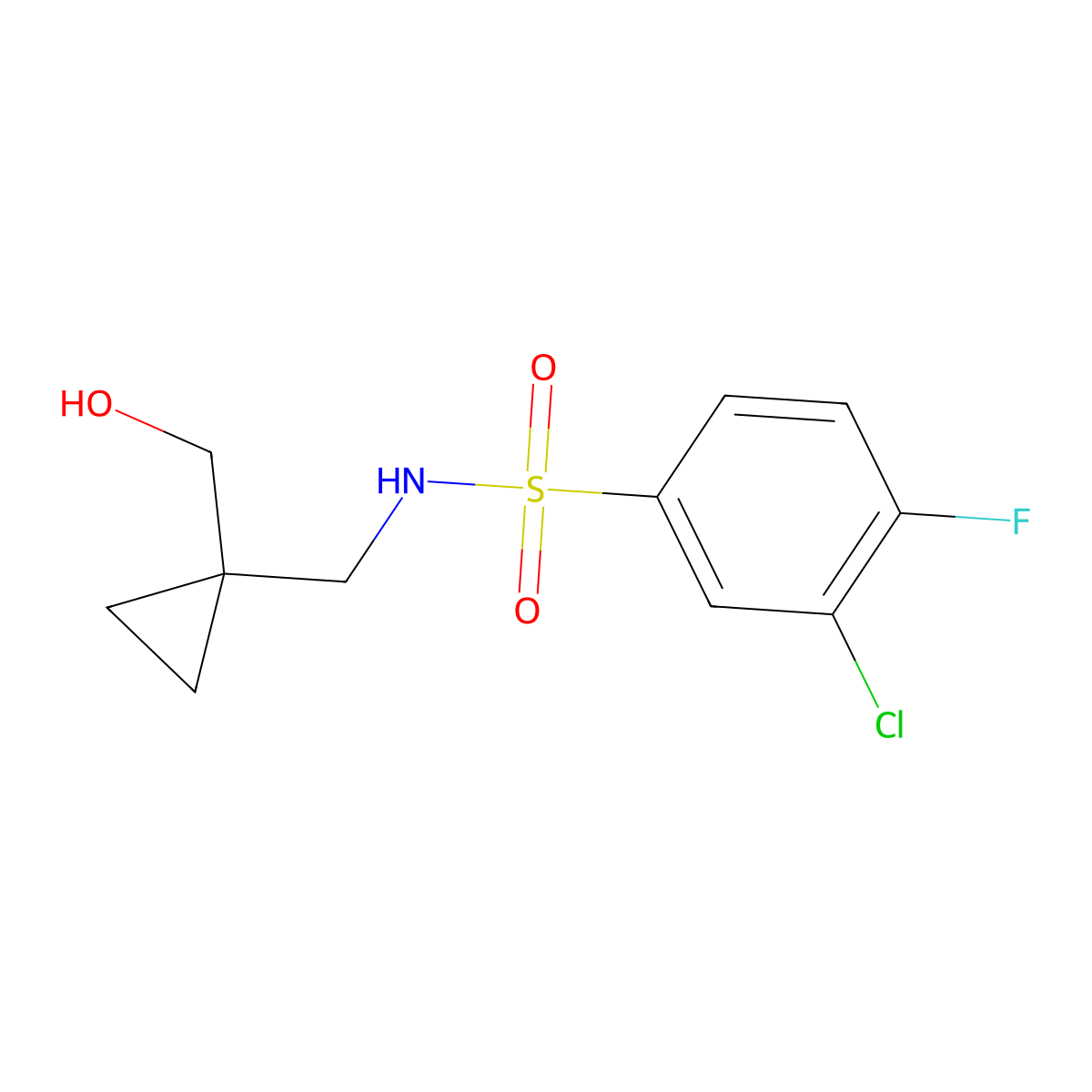 3-chloro-4-fluoro-N-((1-(hydroxymethyl)cyclopropyl)methyl)benzenesulfonamide molecular structure, CAS 1251557-58-0
