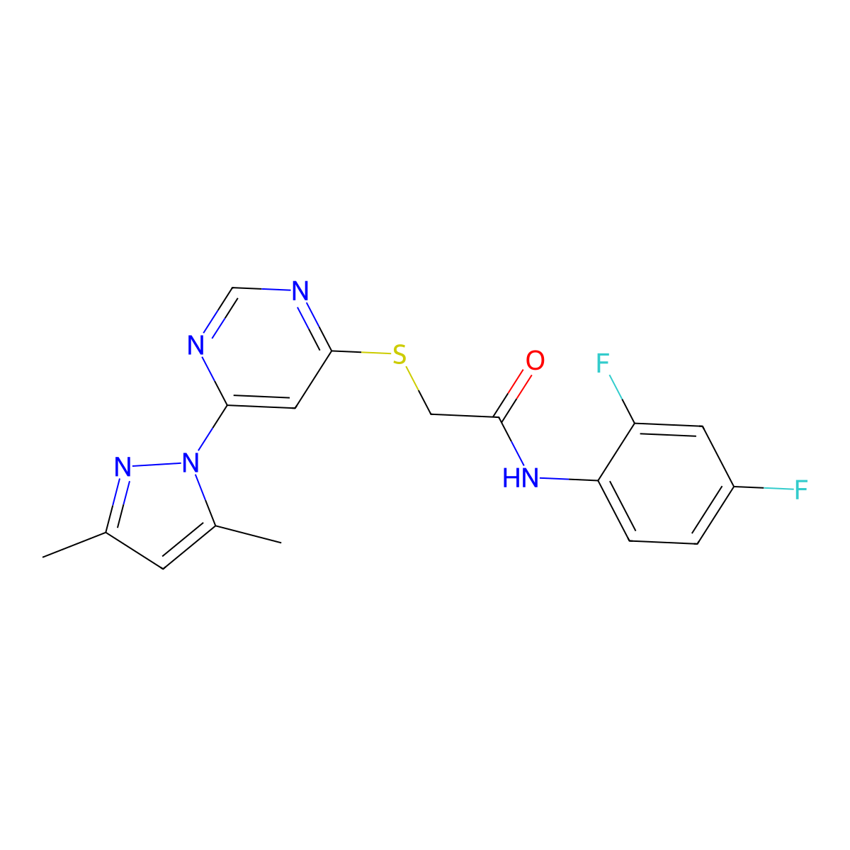 N-(2,4-difluorophenyl)-2-((6-(3,5-dimethyl-1H-pyrazol-1-yl)pyrimidin-4-yl)thio)acetamide molecular structure, CAS 1251557-92-2