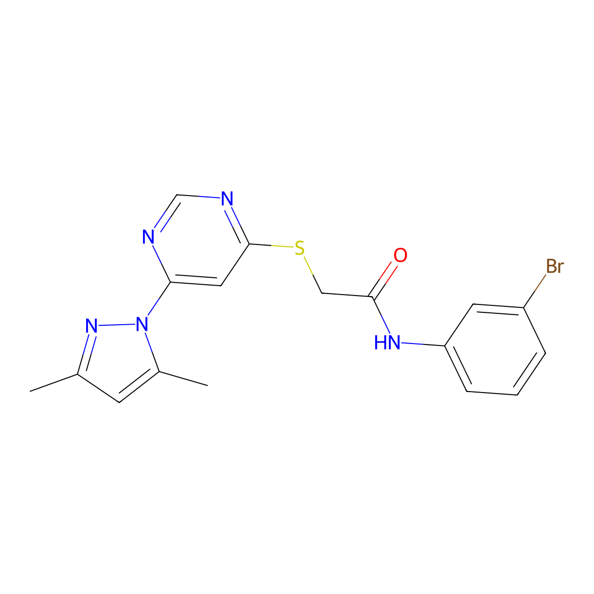 N-(3-bromophenyl)-2-((6-(3,5-dimethyl-1H-pyrazol-1-yl)pyrimidin-4-yl)thio)acetamide molecular structure, CAS 1251557-98-8