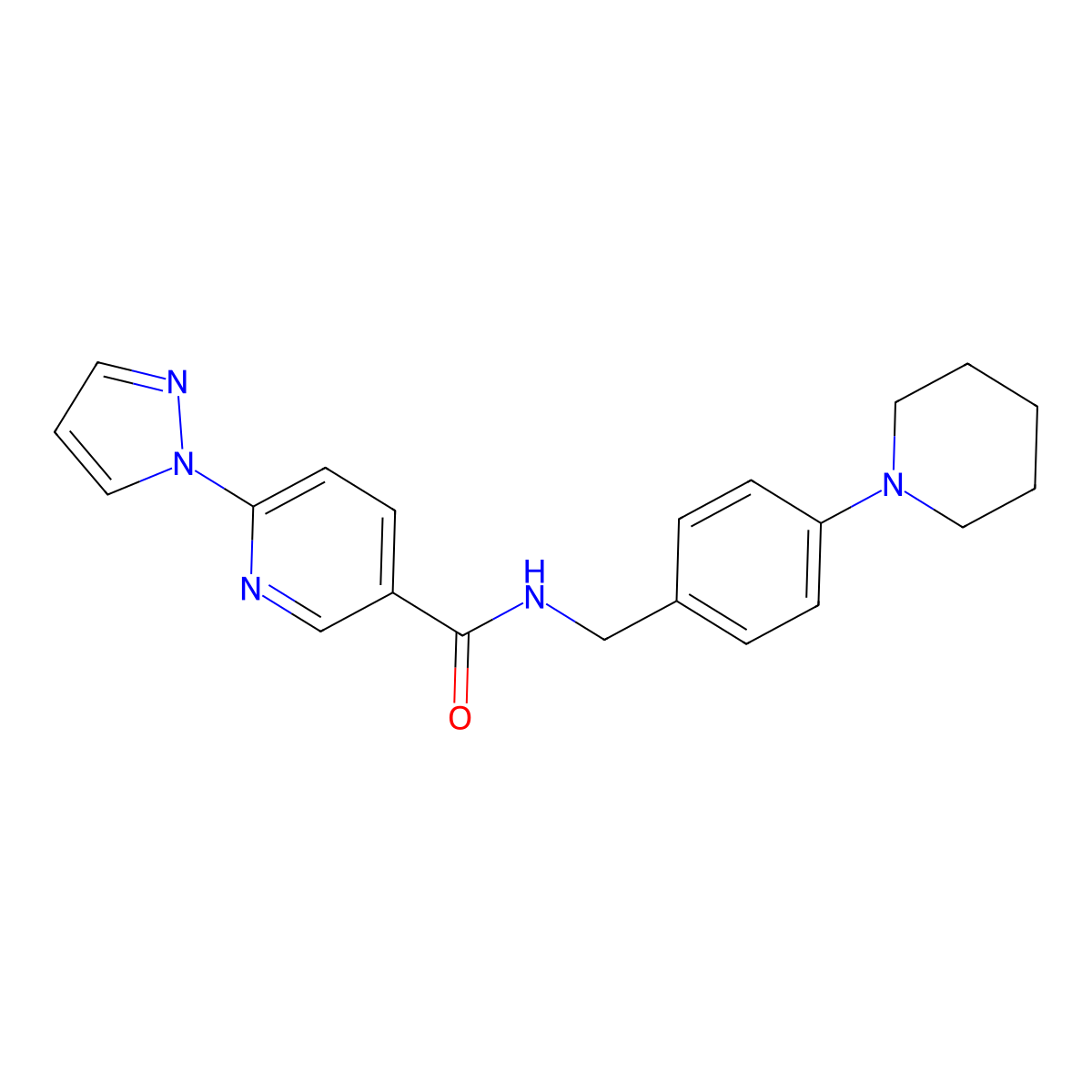 N-(4-(piperidin-1-yl)benzyl)-6-(1H-pyrazol-1-yl)nicotinamide molecular structure, CAS 1251558-00-5