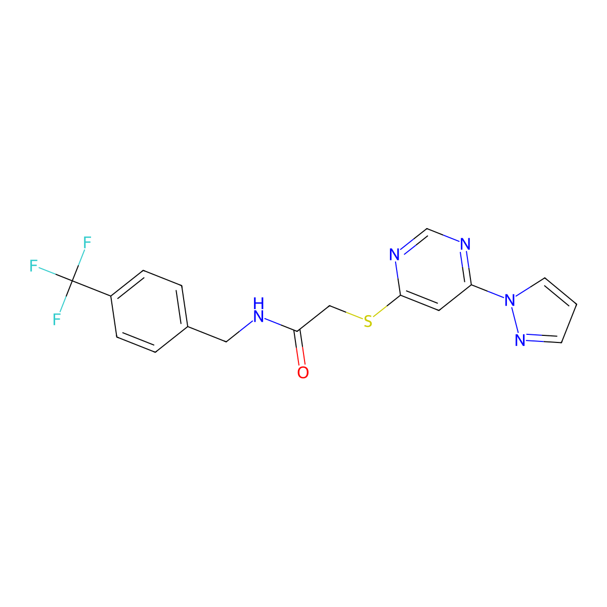 2-((6-(1H-pyrazol-1-yl)pyrimidin-4-yl)thio)-N-(4-(trifluoromethyl)benzyl)acetamide molecular structure, CAS 1251558-06-1