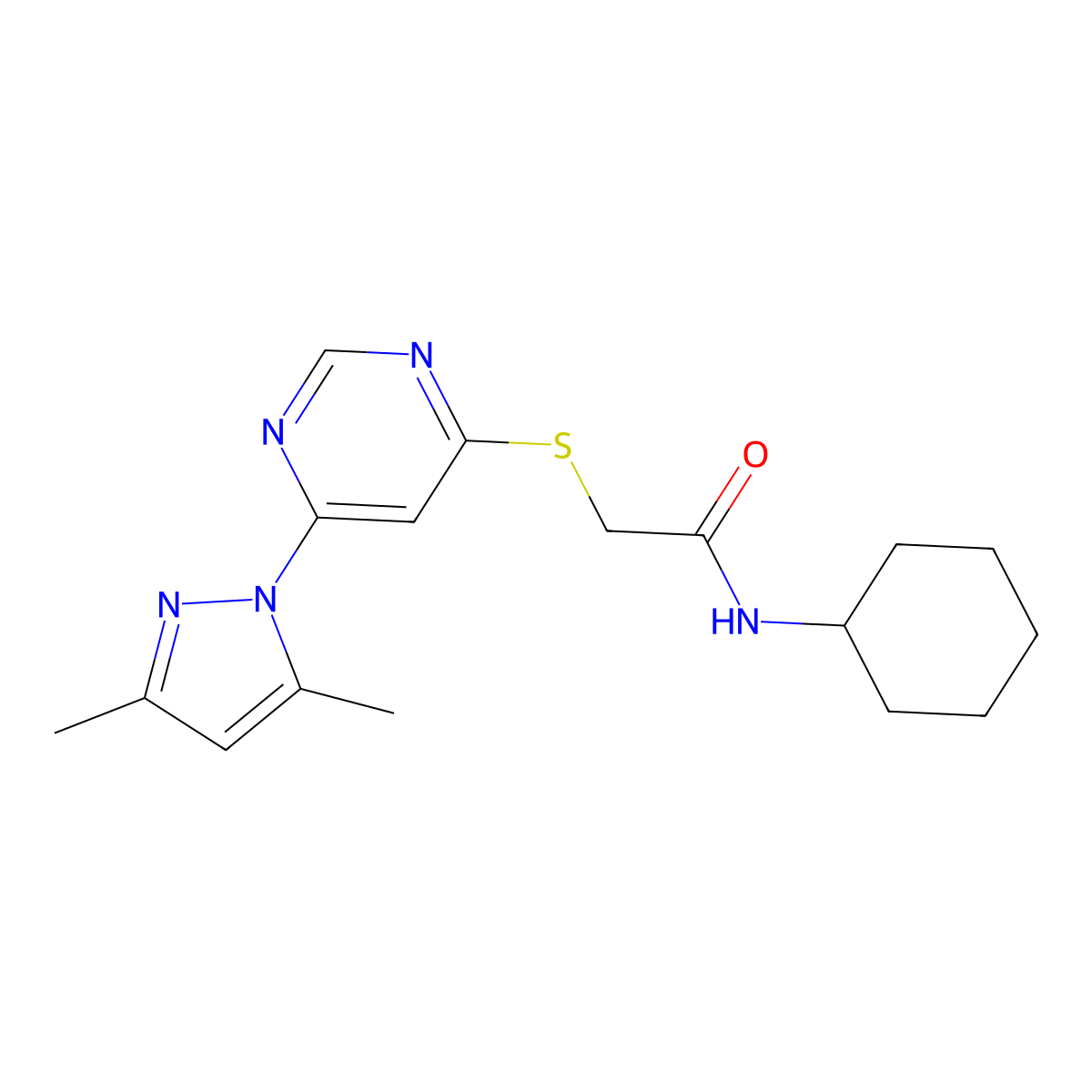 N-cyclohexyl-2-((6-(3,5-dimethyl-1H-pyrazol-1-yl)pyrimidin-4-yl)thio)acetamide molecular structure, CAS 1251558-12-9