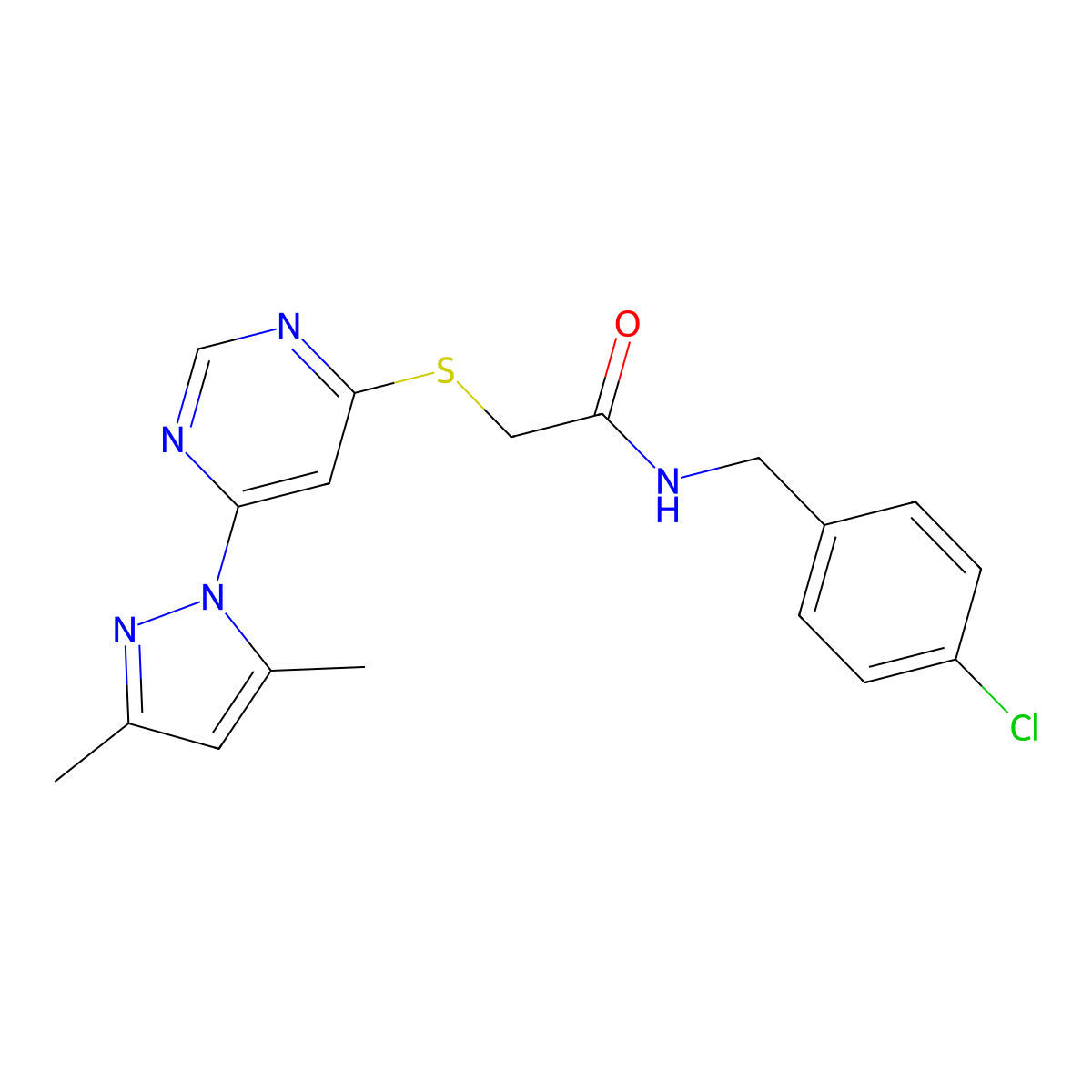 N-(4-chlorobenzyl)-2-((6-(3,5-dimethyl-1H-pyrazol-1-yl)pyrimidin-4-yl)thio)acetamide molecular structure, CAS 1251558-20-9