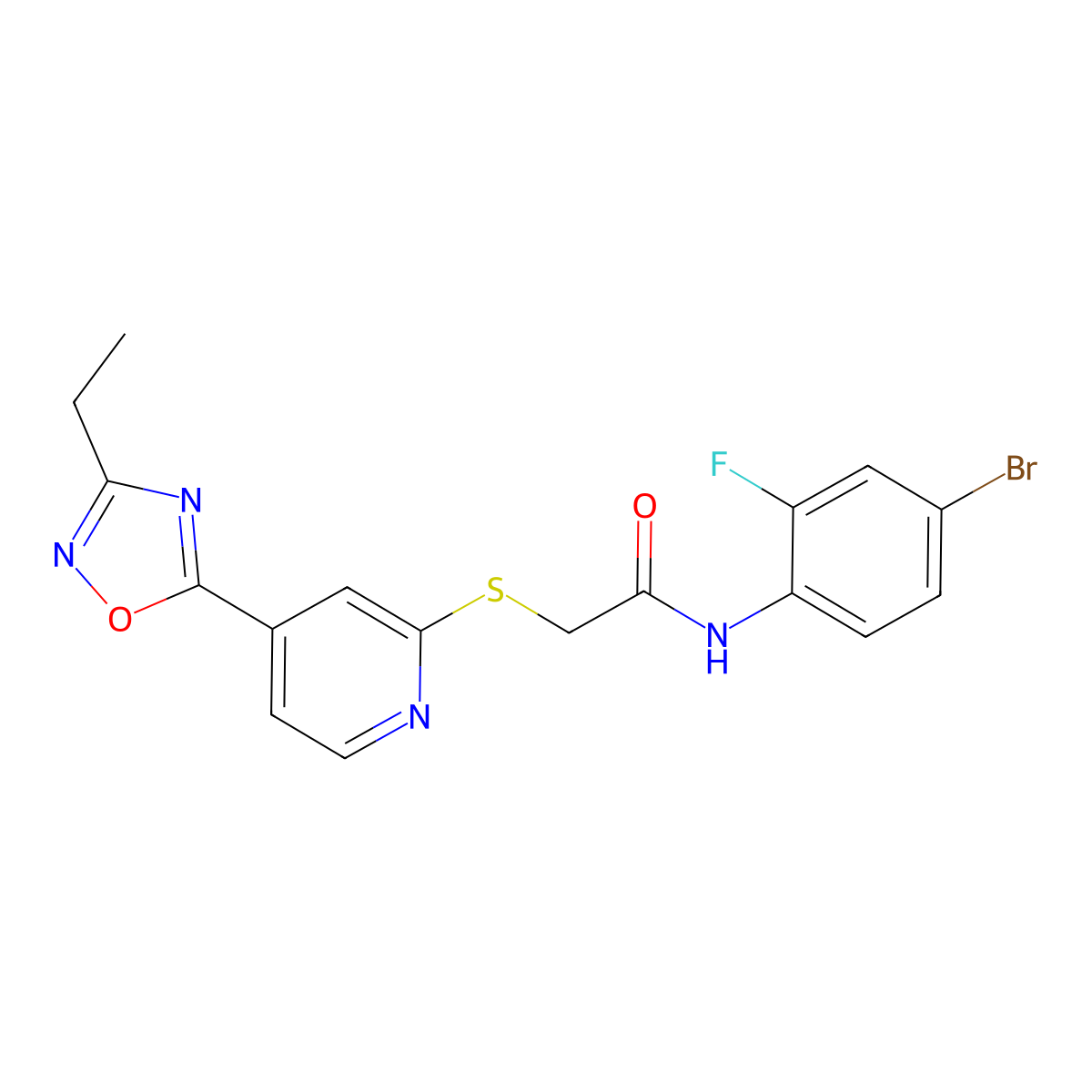 N-(4-bromo-2-fluorophenyl)-2-((4-(3-ethyl-1,2,4-oxadiazol-5-yl)pyridin-2-yl)thio)acetamide molecular structure, CAS 1251558-62-9