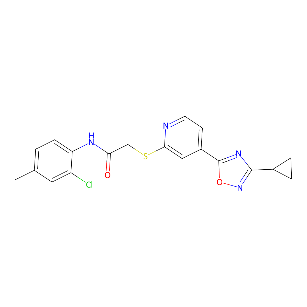 N-(2-chloro-4-methylphenyl)-2-((4-(3-cyclopropyl-1,2,4-oxadiazol-5-yl)pyridin-2-yl)thio)acetamide molecular structure, CAS 1251558-81-2