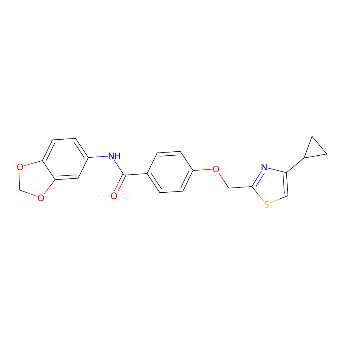 N-(benzo[d][1,3]dioxol-5-yl)-4-((4-cyclopropylthiazol-2-yl)methoxy)benzamide molecular structure, CAS 1251559-25-7