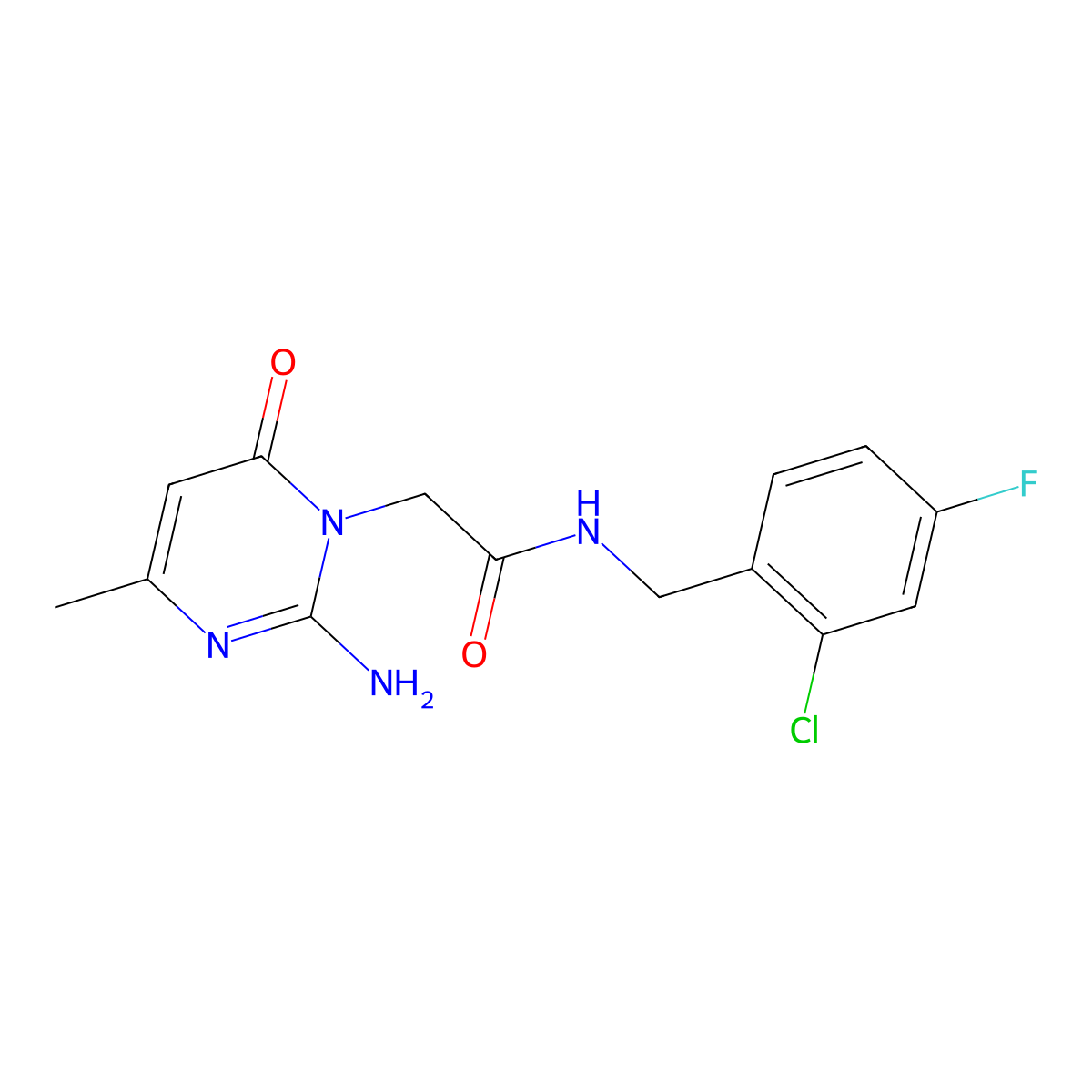 2-[2-amino-4-methyl-6-oxo-1(6H)-pyrimidinyl]-N~1~-(2-chloro-4-fluorobenzyl)acetamide molecular structure, CAS 1251559-86-0