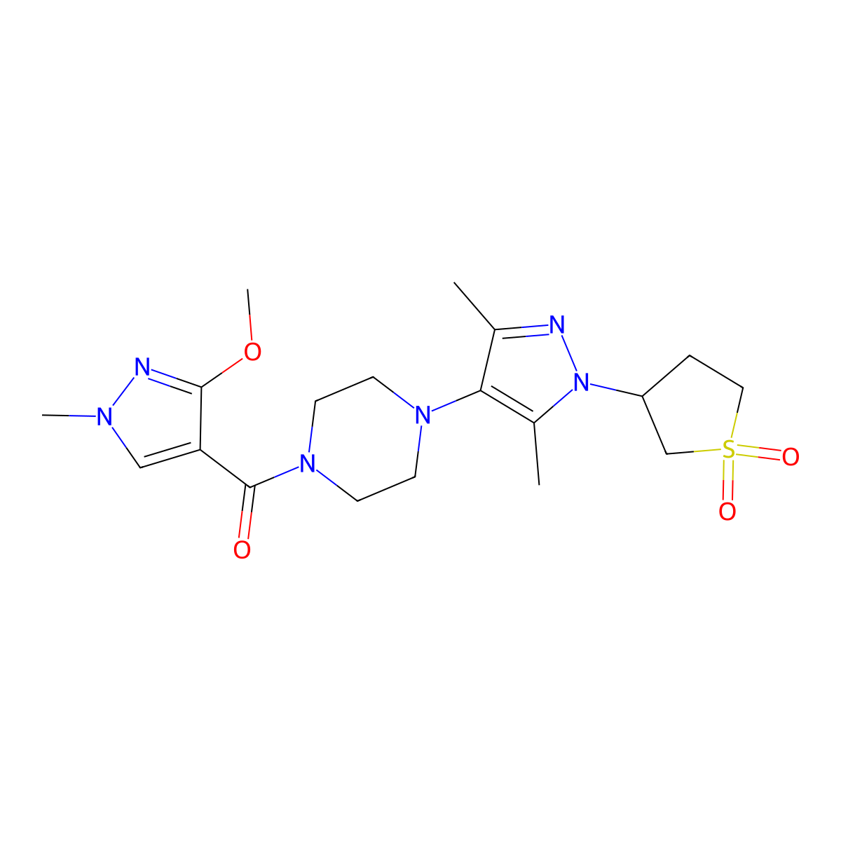 (4-(1-(1,1-dioxidotetrahydrothiophen-3-yl)-3,5-dimethyl-1H-pyrazol-4-yl)piperazin-1-yl)(3-methoxy-1-methyl-1H-pyrazol-4-yl)methanone molecular structure, CAS 1251559-88-2