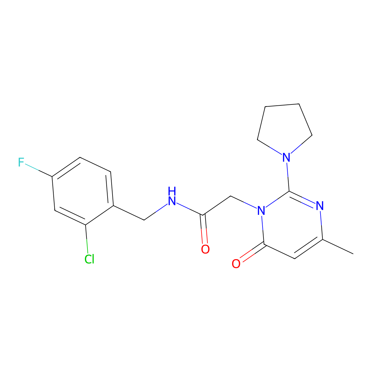N-[(2-chloro-4-fluorophenyl)methyl]-2-[4-methyl-6-oxo-2-(pyrrolidin-1-yl)-1,6-dihydropyrimidin-1-yl]acetamide molecular structure, CAS 1251559-93-9