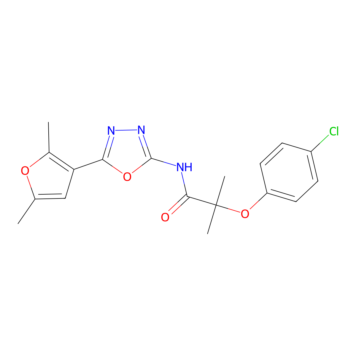 2-(4-chlorophenoxy)-N-[5-(2,5-dimethylfuran-3-yl)-1,3,4-oxadiazol-2-yl]-2-methylpropanamide molecular structure, CAS 1251560-07-2