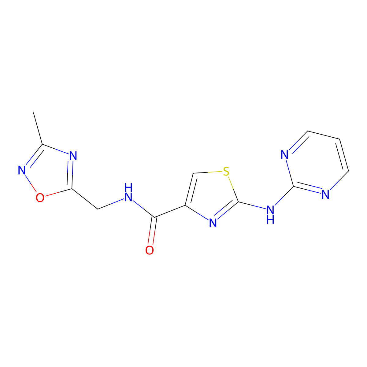 N-((3-methyl-1,2,4-oxadiazol-5-yl)methyl)-2-(pyrimidin-2-ylamino)thiazole-4-carboxamide molecular structure, CAS 1251560-10-7