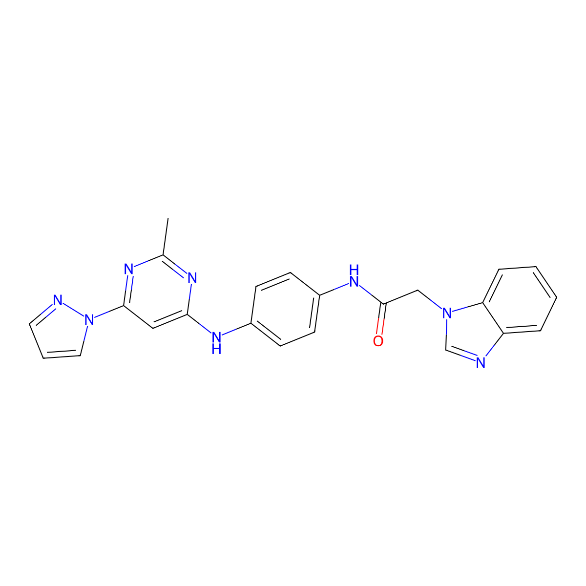 2-(1H-benzo[d]imidazol-1-yl)-N-(4-((2-methyl-6-(1H-pyrazol-1-yl)pyrimidin-4-yl)amino)phenyl)acetamide molecular structure, CAS 1251560-13-0