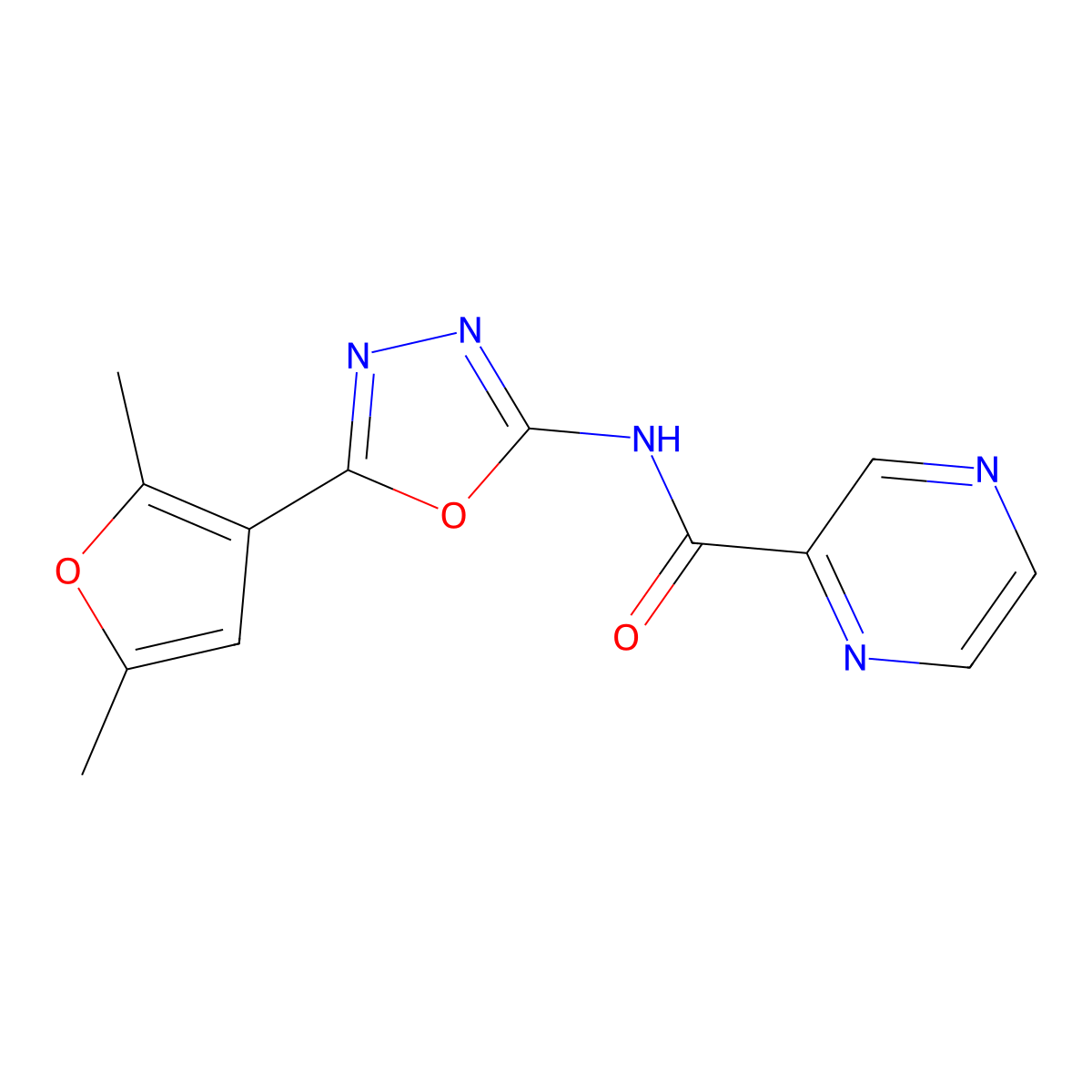 N-[5-(2,5-dimethylfuran-3-yl)-1,3,4-oxadiazol-2-yl]pyrazine-2-carboxamide molecular structure, CAS 1251560-14-1