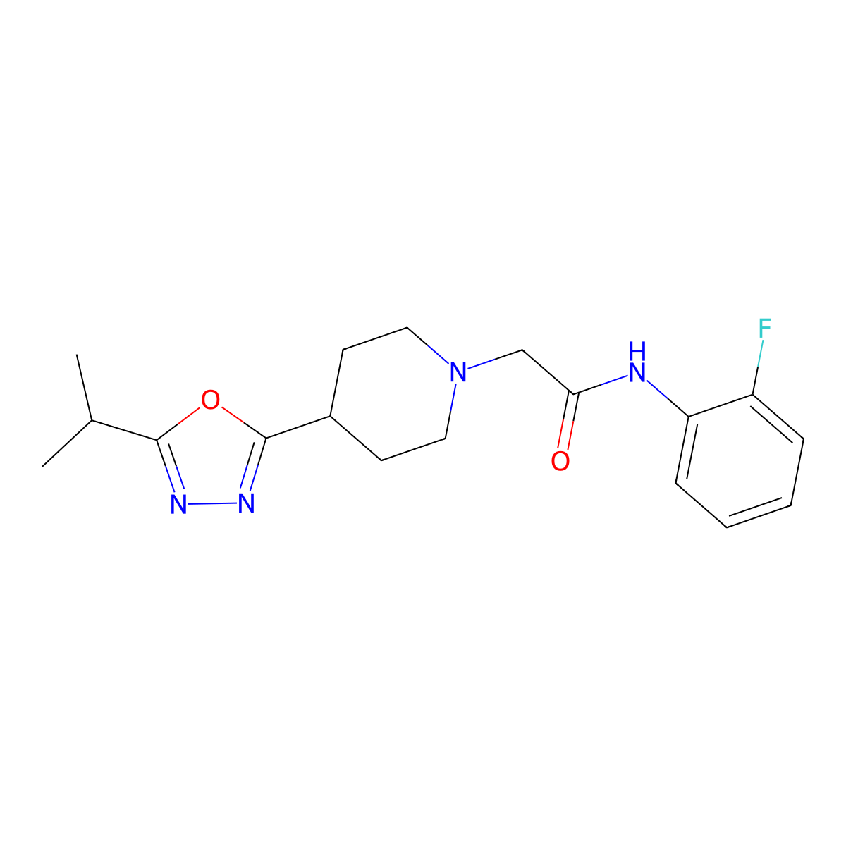 N-(2-fluorophenyl)-2-(4-(5-isopropyl-1,3,4-oxadiazol-2-yl)piperidin-1-yl)acetamide molecular structure, CAS 1251560-19-6