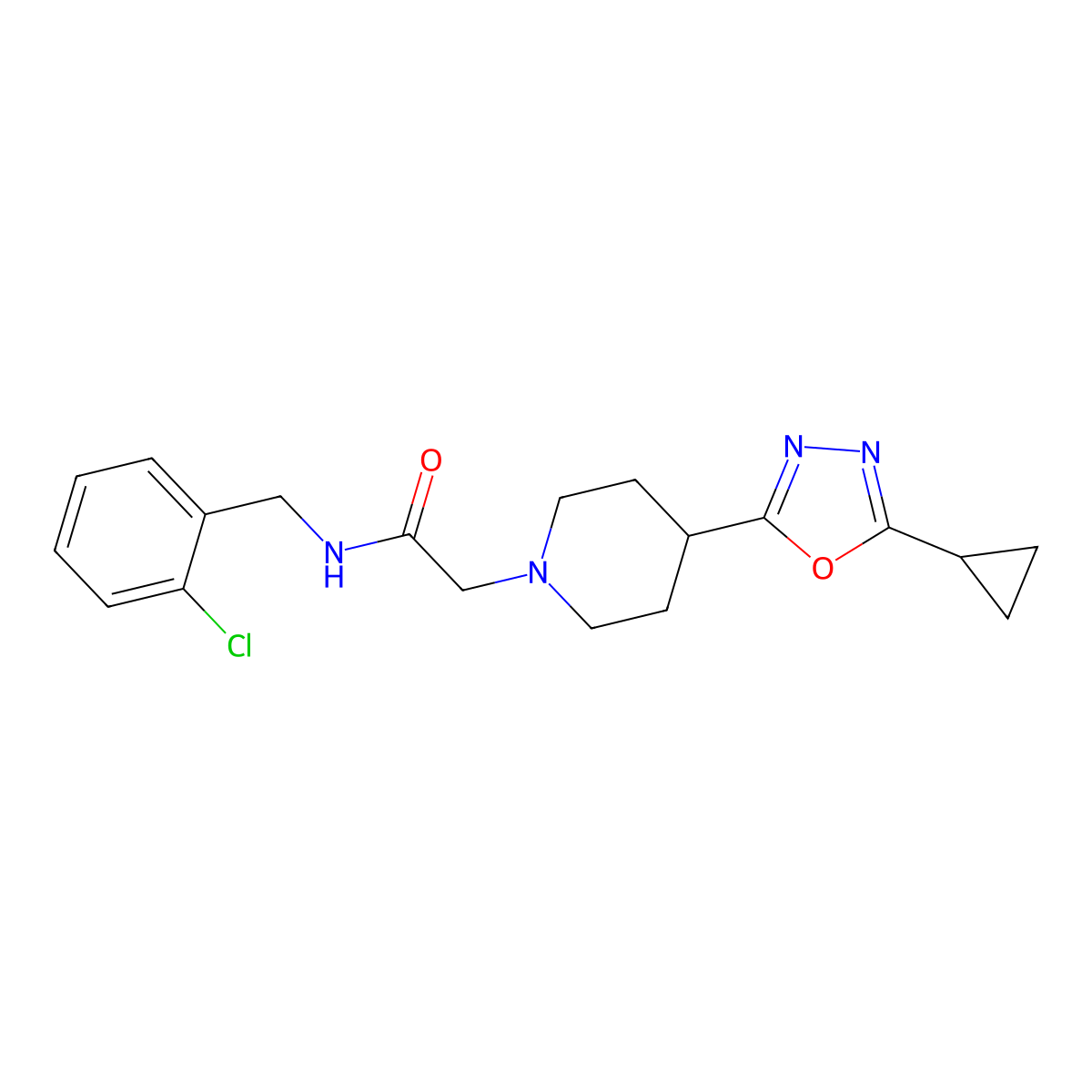 N-(2-chlorobenzyl)-2-(4-(5-cyclopropyl-1,3,4-oxadiazol-2-yl)piperidin-1-yl)acetamide molecular structure, CAS 1251560-26-5