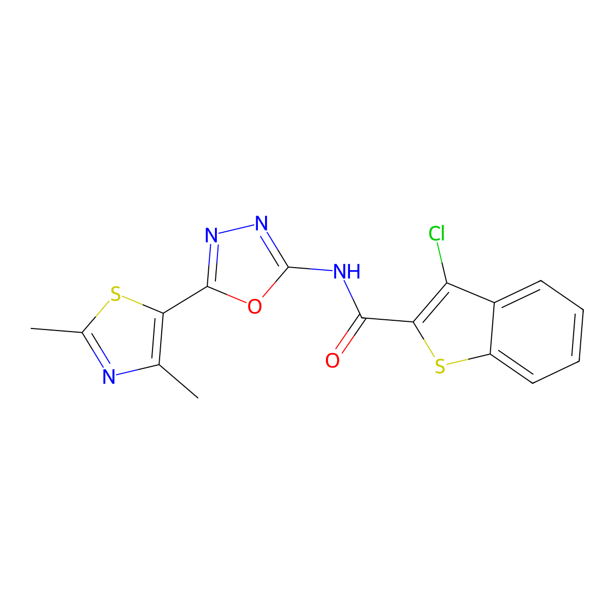 3-chloro-N-(5-(2,4-dimethylthiazol-5-yl)-1,3,4-oxadiazol-2-yl)benzo[b]thiophene-2-carboxamide molecular structure, CAS 1251560-30-1