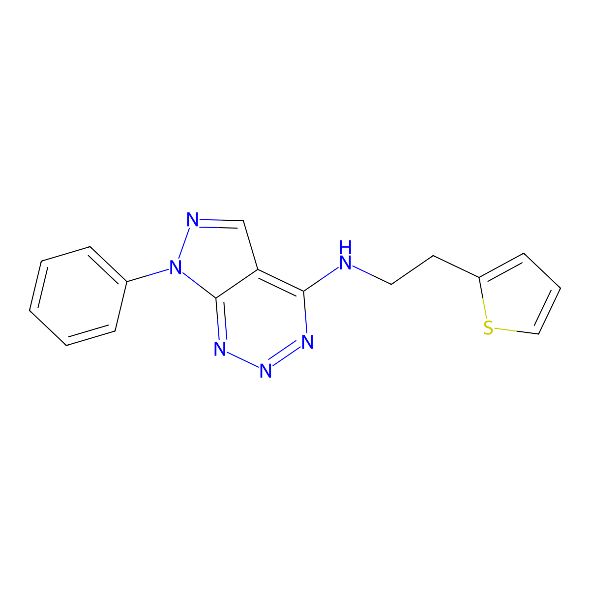 7-phenyl-N-(2-(thiophen-2-yl)ethyl)-7H-pyrazolo[3,4-d][1,2,3]triazin-4-amine molecular structure, CAS 1251560-50-5